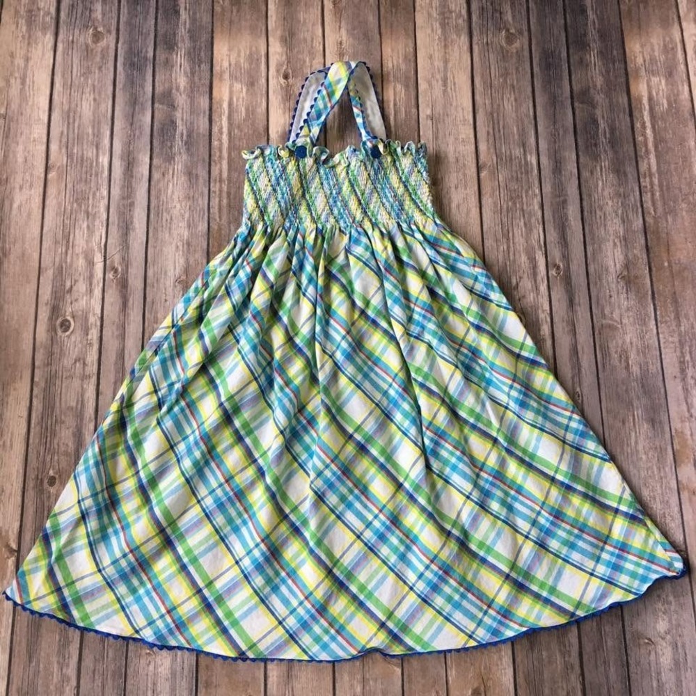 Strasburg Sun Dress Girl 6 S Smocked Ric Rac Trim Plaid Sleeveless Beach Preppy